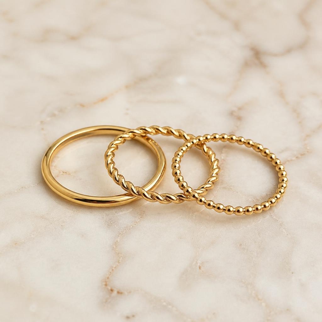 Trio Stacking Rings on ivory marble